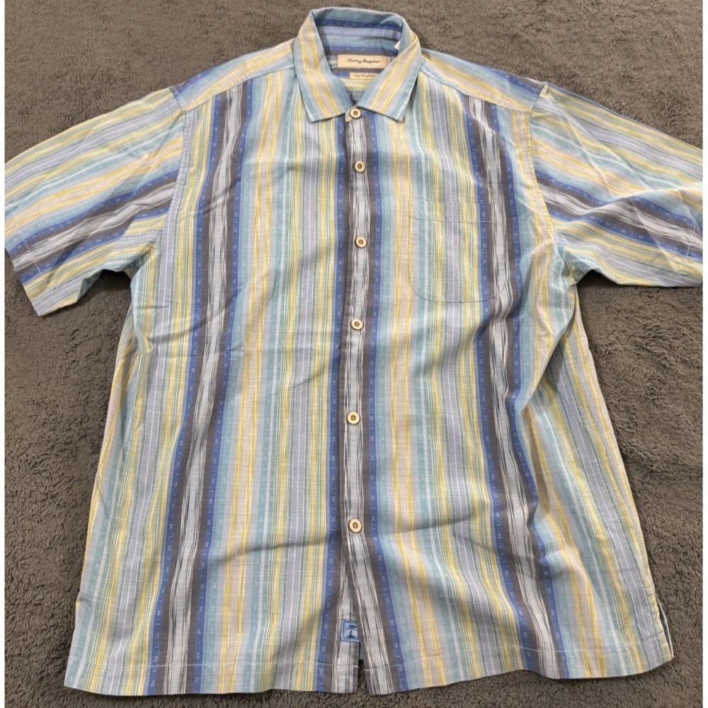 Tommy Bahama Original Fit Shirt Mens L Blue Cream Striped Silk Short Sleeve